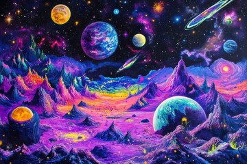 Wall Mural - a colorful painting of a galaxy with many planets and stars. the painting is vibrant and full of lif