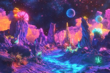 Wall Mural - a colorful painting of a galaxy with many planets and stars. the painting is vibrant and full of lif