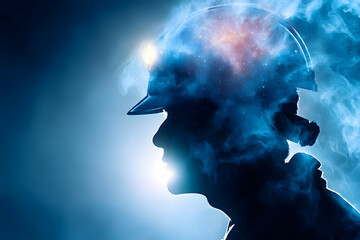Wall Mural - A silhouette of a miner with a dramatic cosmic background, illustrating the connection between humanity and the universe.