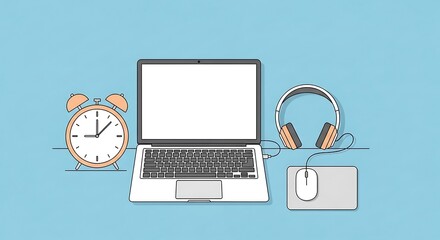 Laptop Clock Headphones on Desk