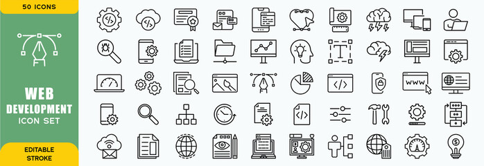 Set of 50 outline web development icons related to software. Linear icon collection. Editable stroke. Vector illustration