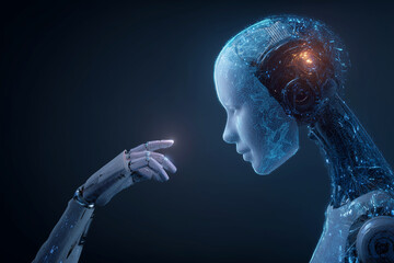 Wall Mural - a robot with a human face is touching a human hand. the robot is blue and the hand is white. concept