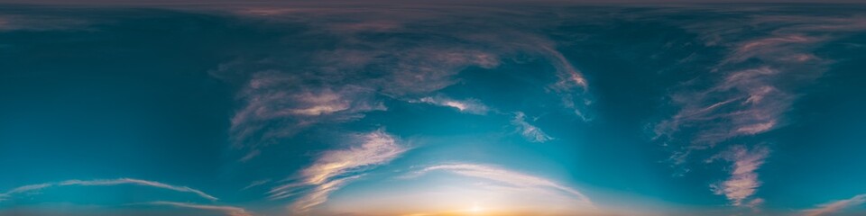 Wall Mural - sunset sky with bright glowing pink cirrus clouds. seamless spherical hdr 360 panorama. full zenith 