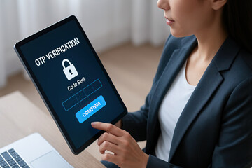 otp verification security code digital tablet businesswoman authentication online technology office 