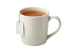 © SHALENA - Ceramic white mug steeping herbal tea bag, warm liquid creating rich aromatic infusion against clean light background