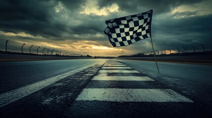 Wall Mural - dramatic view of abandoned racetrack with checkered flag on asphalt during overcast sunset sky