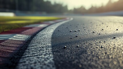 Wall Mural - a close-up view of an empty f1 track, showcasing the wet asphalt and surrounding nature in the soft 