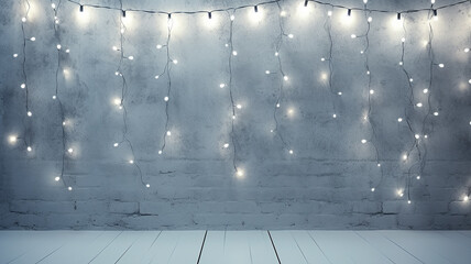 Sticker - glowing white lights on a blurry blue background, abstract festively decorated background, christmas