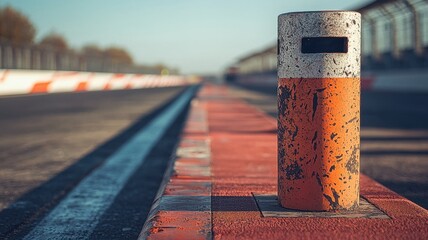 Wall Mural - this close-up shot captures an empty f1 track barrier in morning light, showcasing the texture and c