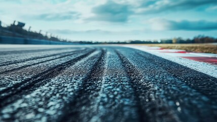Wall Mural - a close-up view of an empty f1 track edge, showcasing the textured asphalt and tire marks. the drama