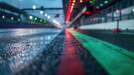 Wall Mural - a vibrant shot of an empty pit lane exit on a wet racetrack, showcasing reflections from colorful li
