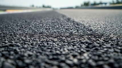 Wall Mural - a close-up view of an empty f1 track surface, showcasing the texture of the asphalt in bright daylig