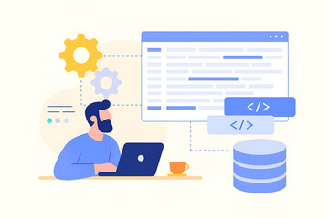 A focused software developer working on a laptop, surrounded by symbolic technical elements such as code brackets, a database stack, and mechanical gears. The scene represents programming, web develop