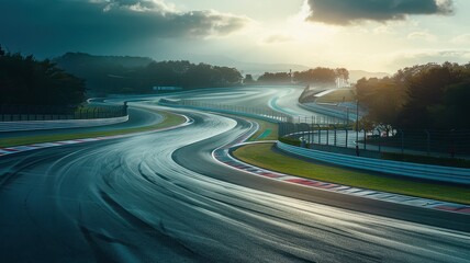 Wall Mural - captivating view of a winding section at the suzuka circuit. the wet track glistens under the cloudy