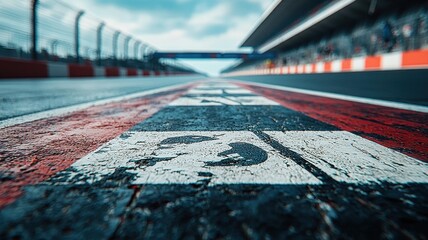 Wall Mural - close-up view of an empty f1 track, showcasing the weathered paint on the racing lines. the image em