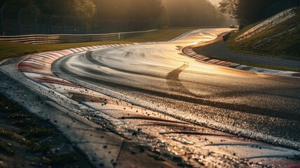 Wall Mural - a dramatic shot capturing the iconic eau rouge corner at spa, showcasing a misty atmosphere with ref