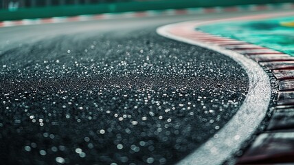 Wall Mural - this close-up shot highlights an empty f1 track section glistening with water drops, showcasing the 