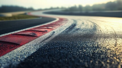 Wall Mural - captivating close-up of an empty f1 track, showcasing wet asphalt curves and lines. ideal for convey