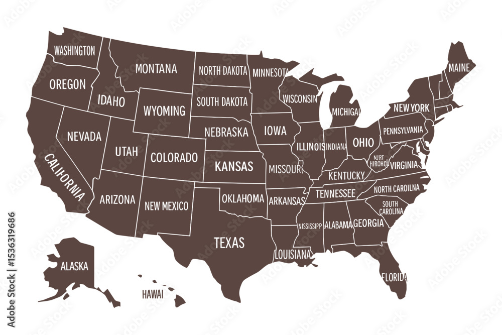 Detailed United States Map with State Names and Borders Stock Vector
