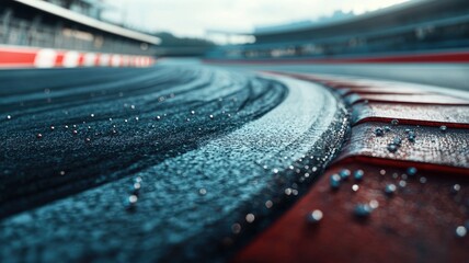 Wall Mural - this close-up shot captures an empty f1 track, showcasing wet asphalt with water droplets. ideal for