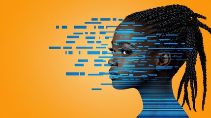 pixelated profile of a woman with braids on an orange background demonstrating future technology