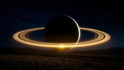 Wall Mural - Surreal planet with rings rising over distant hills beneath a starry night sky creating a science fiction atmosphere and feeling of outer space exploration