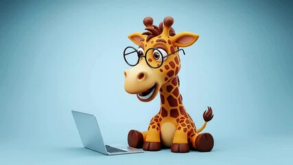 Cartoon Giraffe Wearing Glasses Using Laptop on Blue Background Video