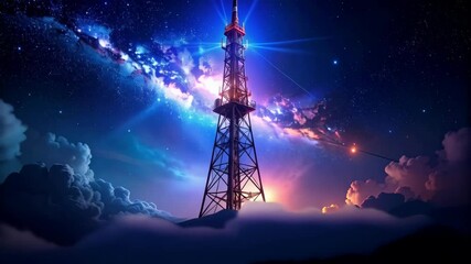 Wall Mural - Radio tower stands against a vibrant starfield with clouds and glowing light, a futuristic technology scene with communication lines against galaxy