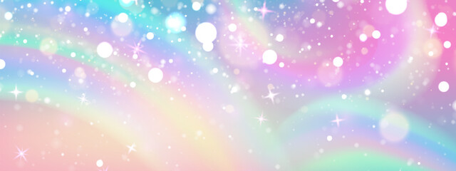 Wall Mural - pastel rainbow bg with floating glitter stars in pink, yellow and blue gradient. dreamy sparkle on m