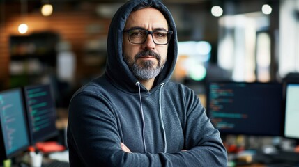 A middle-aged European software developer in a hoodie standing confidently in an office environment, surrounded by computing devices, embodying focus and professionalism in the tech industry.