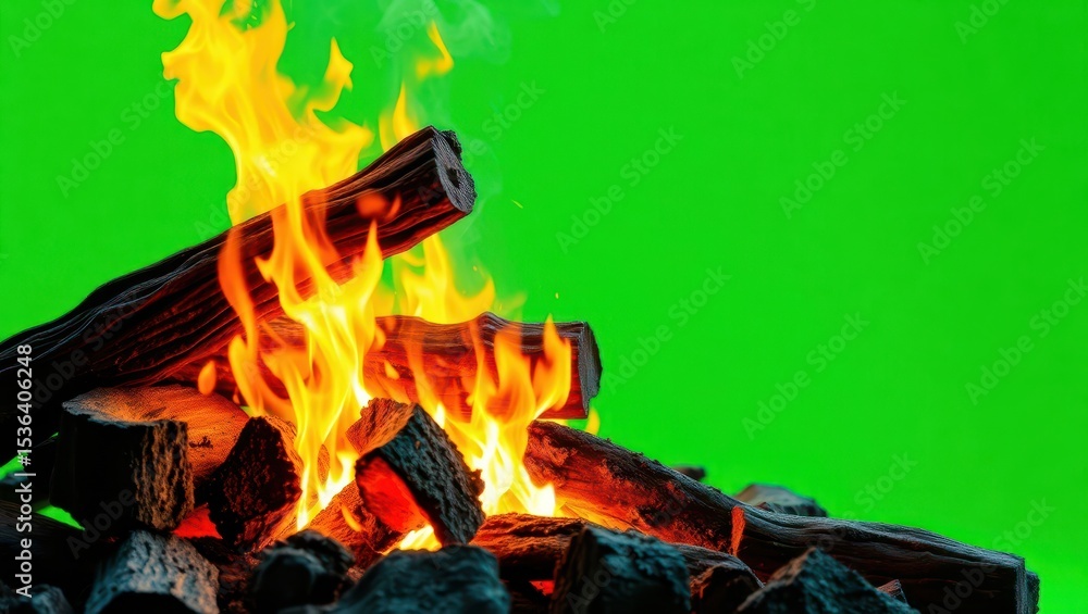 A highly detailed, realistic campfire with cracking, charred logs and ...