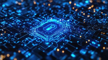 Wall Mural - illuminated blue circuit board with a central keyhole symbol and bokeh lights in the background