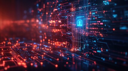 Wall Mural - illuminated circuit board with a blue padlock symbol representing cyber security concept art