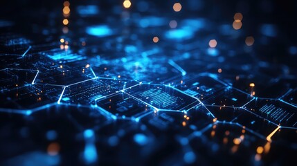 Wall Mural - a detailed close up of blue and orange illuminated circuit board with bokeh lights above it