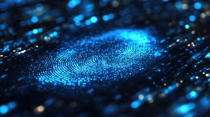 Wall Mural - close up of a glowing blue fingerprint with blurred lights on a dark surface in a digital style