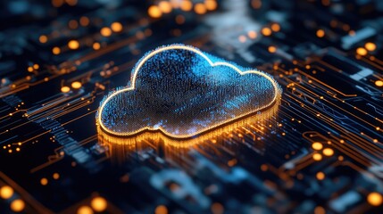 Wall Mural - A glowing cloud symbol surrounded by circuit patterns and orange lights on a dark background