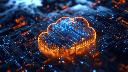Wall Mural - a glowing cloud computing symbol overlaying a complex circuit board with blue and orange lights