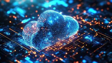 Wall Mural - digital cloud computing concept with circuit board and glowing blue and orange lights effect design