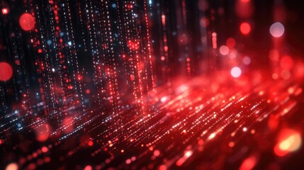 Wall Mural - abstract digital rain with red and blue light bokeh creating a futuristic technology background