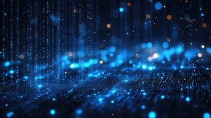 Wall Mural - abstract blue digital landscape with falling light particles and bokeh effect background design