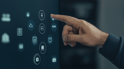 A hand interacts with a futuristic touchscreen interface displaying various application icons, symbolizing digital control and management of diverse systems. The dark background emphasizes the technol
