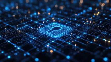 Wall Mural - a glowing blue keyhole icon on a complex circuit board design representing digital security measures