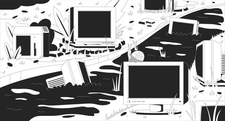 Wall Mural - abandoned crt monitors in grassy stream lofi illustration outline. nature reclaiming. slow technolog