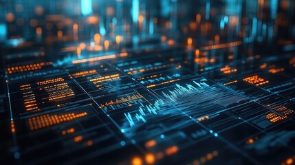 Wall Mural - A detailed view of a futuristic interface with glowing lines and data displays in shades of blue and orange