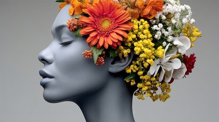 Wall Mural - woman's face is covered in flowers. the flowers are yellow, orange, and white. the woman's face is v