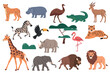 © Svetlana - African animals collection, flat vector illustration. Cheetah, hippo, ostrich, crocodile, antelope, zebra, toucan, acacia tree, rhino, flamingo, giraffe, elephant, bison, lion, tiger, isolated on