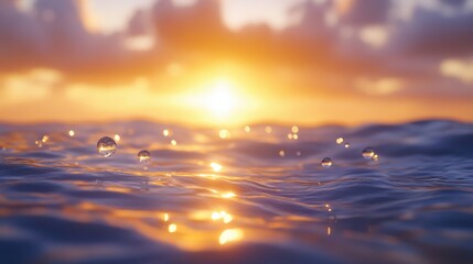 Wall Mural - Golden sunset reflecting on sea with droplets hovering above water. Use this for travel, nature, or serene background themes.