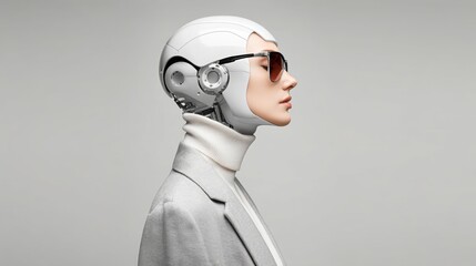 Wall Mural - woman in a white jacket and a white sweater with a robot head. the robot head is wearing sunglasses
