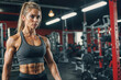 © polack - Muscular woman in a gym with a lot of equipment. She is wearing a grey tank top and black pants