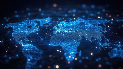 Wall Mural - Digital world map with glowing blue continents and connecting lines on a dark background